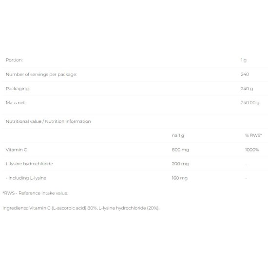 6 PAK Nutrition Vitamin C + L-Lysine Powder 240 гр на супер цена