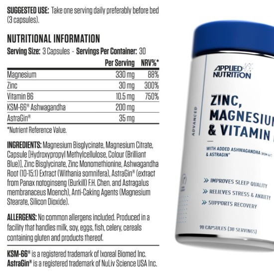 Applied Nutrition Zinc, Magnesium & Vitamin B6 | ZMA with KSM-66® Ashwagandha Extract 90 капсули на изгодни цени Applied Nutrition Zinc, Magnesium & Vitamin B6 | ZMA with KSM-66® Ashwagandha Extract 90 капсули на супер цена