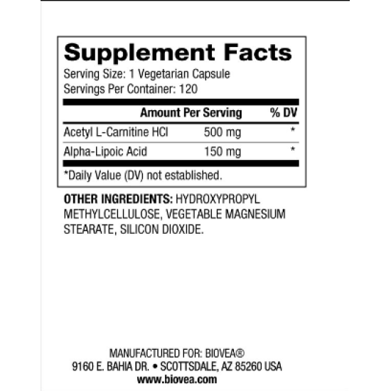 Biovea Acetyl L-Carnitine + Alpha Lipoic Acid 650mg - Ацетил Л-Карнитин + Алфа Липоева Киселина - 120vcaps на супер цена