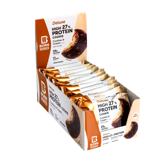 BORN WINNER Deluxe High 27% Protein Cookie Cookies & Cream 12x75 гр на изгодни цени BORN WINNER Deluxe High 27% Protein Cookie Cookies & Cream 12x75 гр на супер цена