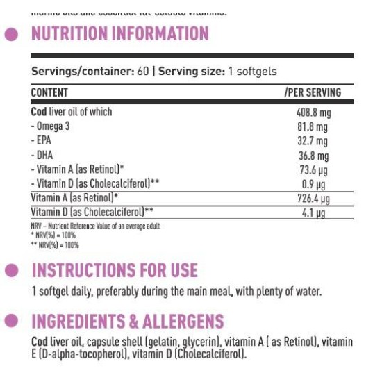 Dorian Yates Nutrition DY Life Cod Liver Oil 408.8 мг | with Vitamin A & D3 60 гел капсули на супер цена