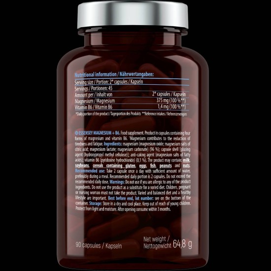 ESSENSEY Magnesium 187.5 mg + B6 90 капсули на изгодни цени ESSENSEY Magnesium 187.5 mg + B6 90 капсули на супер цена