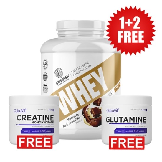 Promo PROMO 1+2 FREE Whey Protein Deluxe 2000 гр / 60 Дози + Creatine Mono 300g + Glutamine 300g на супер цена