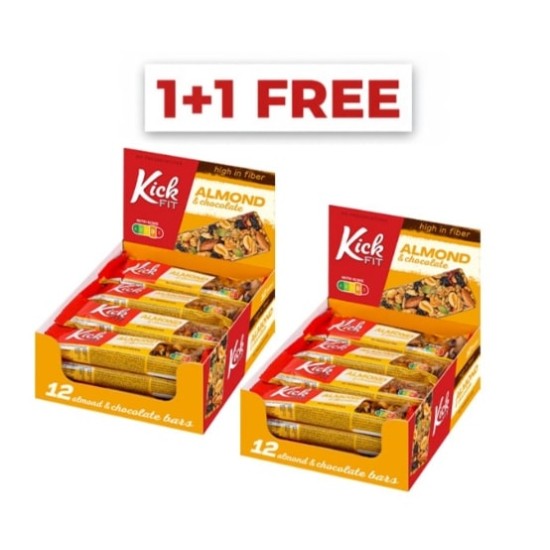 1+1 FREE KICKFIT Bar with Almond & Chocolate Box / 12 x 50 гр на супер цена