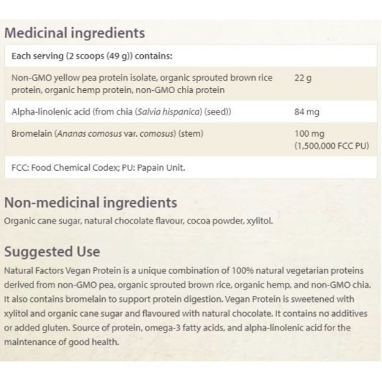 Natural Factors Vegan Protein (Растителен протеин) 1000 g / Double Chocolate на супер цена