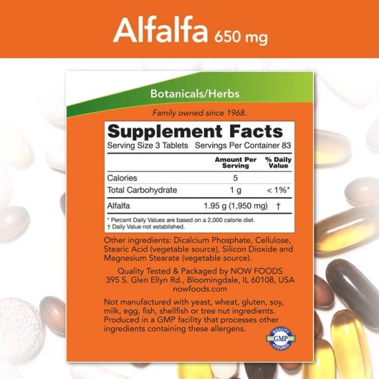 NOW Alfalfa 650 мг / 250 таблетки на супер цена