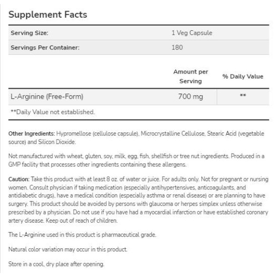 NOW L-Arginine 700 мг / 180 капсули на супер цена