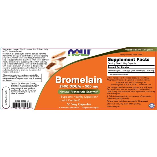 NOW Bromelain 500 мг 2400 GDU / 60 капсули на супер цена