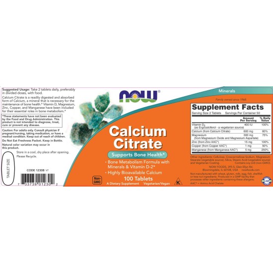 NOW Calcium Citrate with Minerals & Vitamin D-2 300 мг / 100 таблетки на супер цена