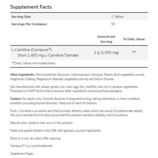 NOW L-Carnitine 1000 мг | Carnipure® 50 таблетки на супер цена