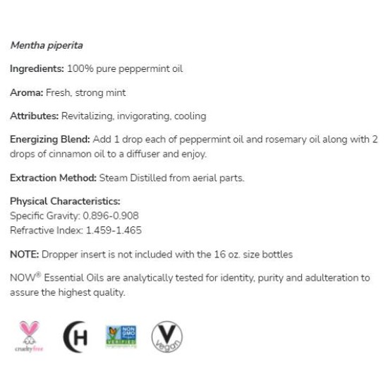 NOW Peppermint Oil | 100% Pure Mentha Piperita 59 мл на супер цена