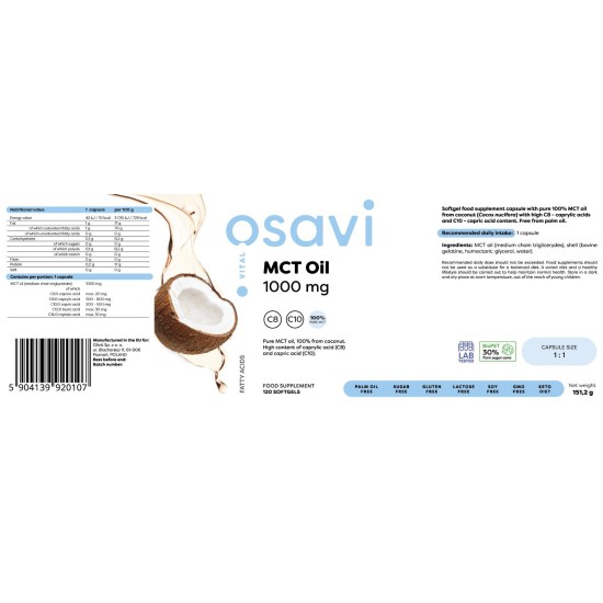 Osavi MCT Oil 1000 mg | C8 + C10 180 гел капсули на супер цена