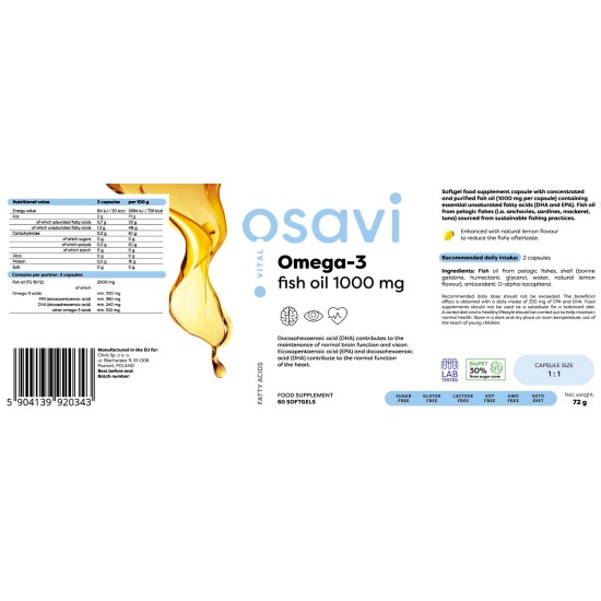 Osavi Omega 3 Fish Oil 1000 mg / Lemon Flavor - 60 Softgels на супер цена