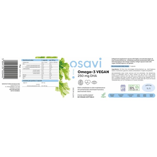 Osavi Omega-3 Vegan | 250 мг DHA 60 гел капсули на супер цена