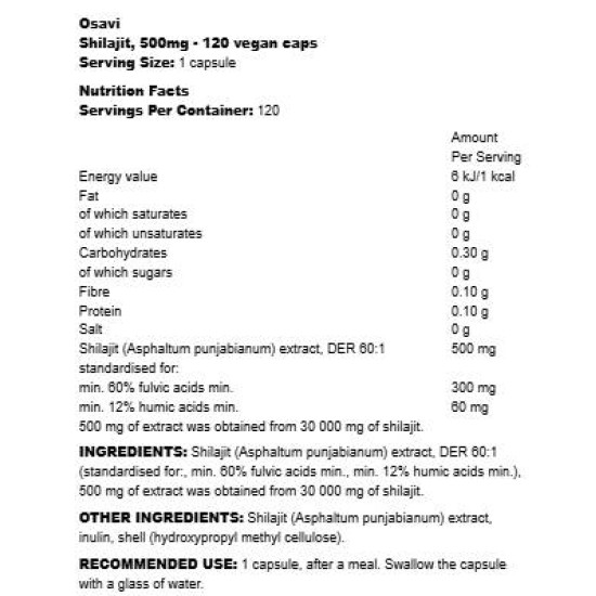 Osavi Shilajit 500 мг | 60:1 Extract with 60+% Fulvic Acids 120 капсули на супер цена