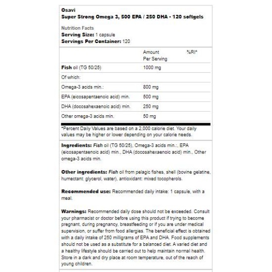 Osavi Super Strong Omega 3 | 500 EPA / 250 DHA 180 гел капсули на супер цена