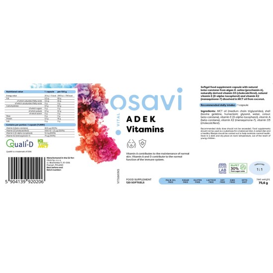 Osavi ADEK Vitamins | A + D + E + K | with Quali-D® 60 гел капсули на супер цена