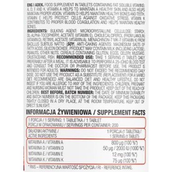 OstroVit PHARMA ADEK / Vitamin A + D + E + K / 200 таблетки на супер цена