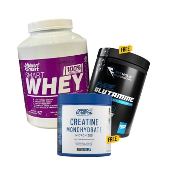 1+2 FREE Nutri Smart Smart Whey Protien Concentrate 2000 гр + Applied Nutrition Creatine Monohydrate + Fitholic Professional Pure Glutamine на супер цена