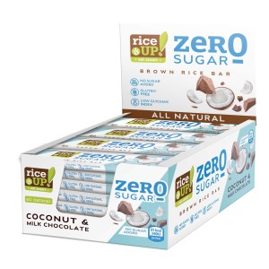 RiceUP! Zero Sugar Оризов бар от кафяв пълнозърнест ориз БЕЗ ДОБАВЕНА ЗАХАР с млечен шоколад и вкус кокос, 20x18 гр RiceUP! Zero Sugar Оризов бар от кафяв пълнозърнест ориз БЕЗ ДОБАВЕНА ЗАХАР с млечен шоколад и вкус кокос, 20x18 гр