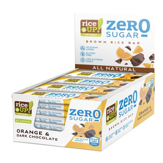 RiceUP! Zero Sugar Оризов бар от кафяв пълнозърнест ориз БЕЗ ДОБАВЕНА ЗАХАР с тъмен шоколад и вкус портокал 20x18 гр на супер цена