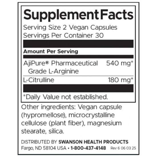 Swanson AjiPure L-Arginine with L-Citrulline 60 капсули на супер цена