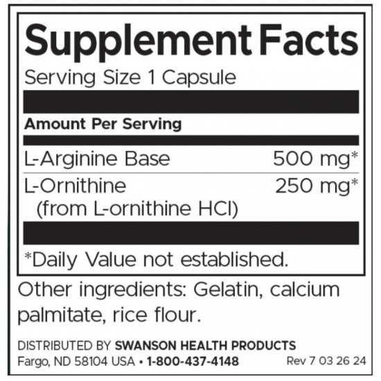 Swanson L-Arginine & L-Ornithine 750 мг / 100 капсули на супер цена