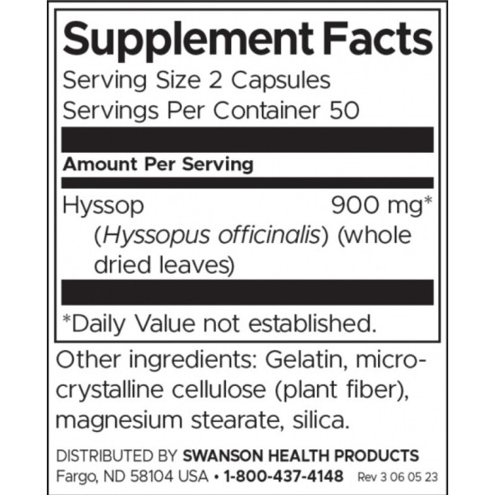 Swanson Hyssop 450 мг / 100 капсули на супер цена