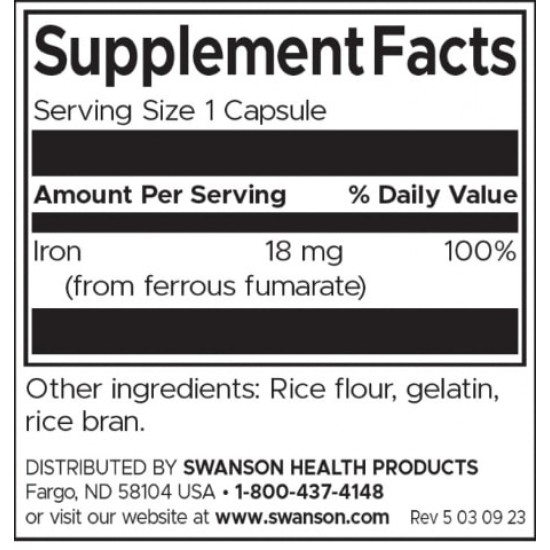 SWANSON Iron (Ferrous Fumarate) 18 мг / 60 капсули на супер цена