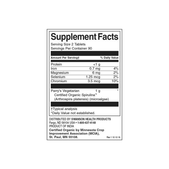 Swanson 100% Certified Organic Spirulina 500 мг / 180 таблетки на супер цена