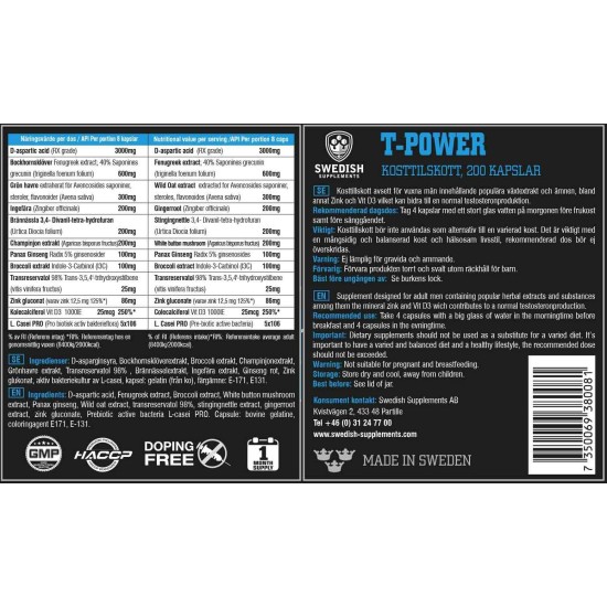 SWEDISH Supplements T-Power 200 капсули / 25 Дози на супер цена